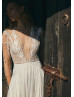 V Neck Ivory Lace Chiffon Flowing Wedding Dress